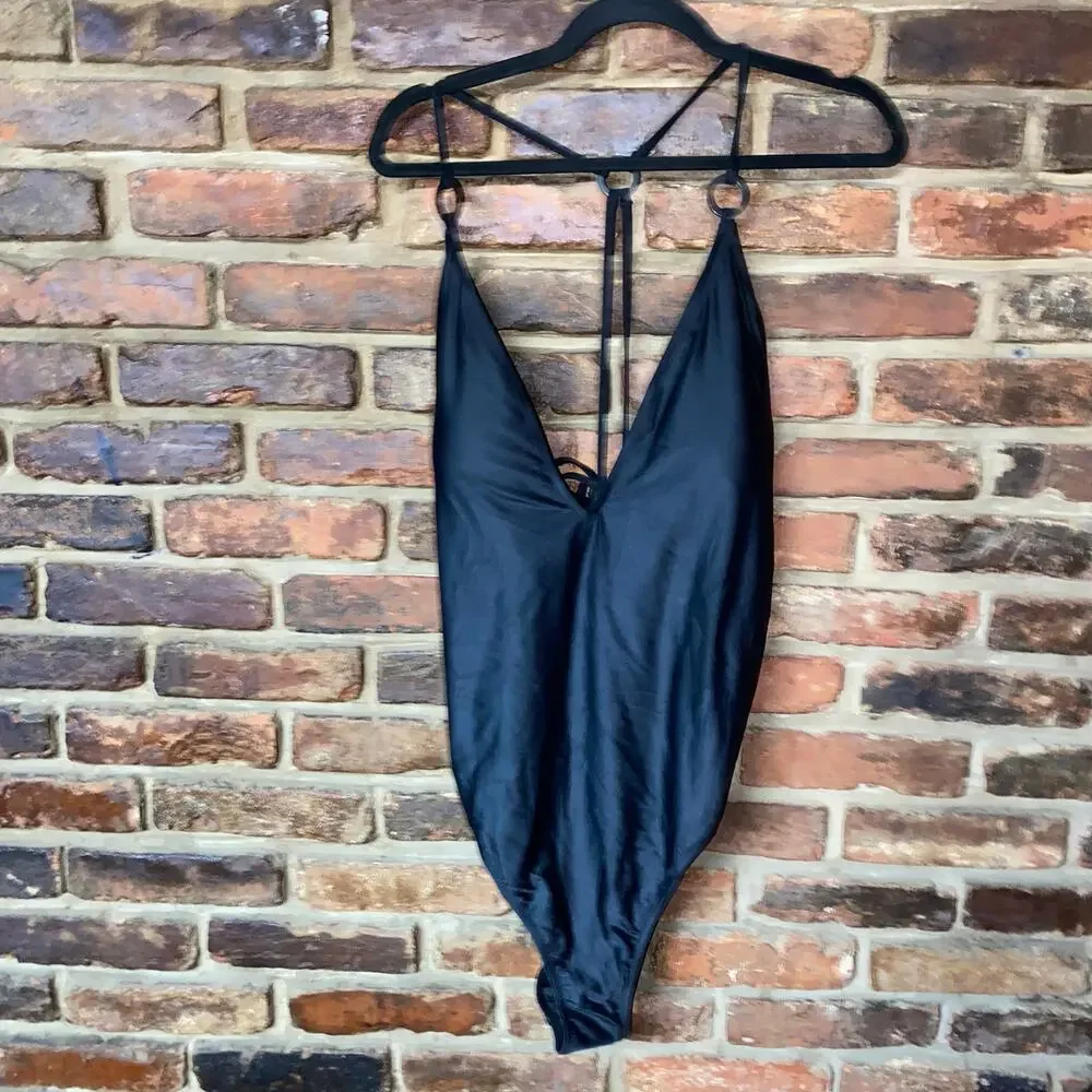 NWT J. Crew Black O-ring V-neck One-Piece Swim Bathing Suit Women's Size 24